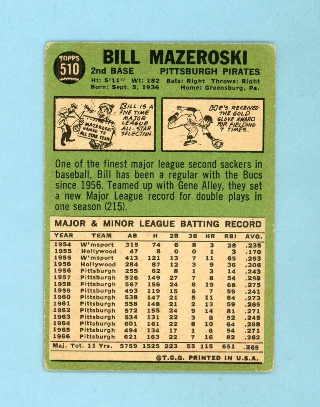 1967 Topps #510 Bill Mazeroski Pittsburgh Pirates Baseball Card Low Grade