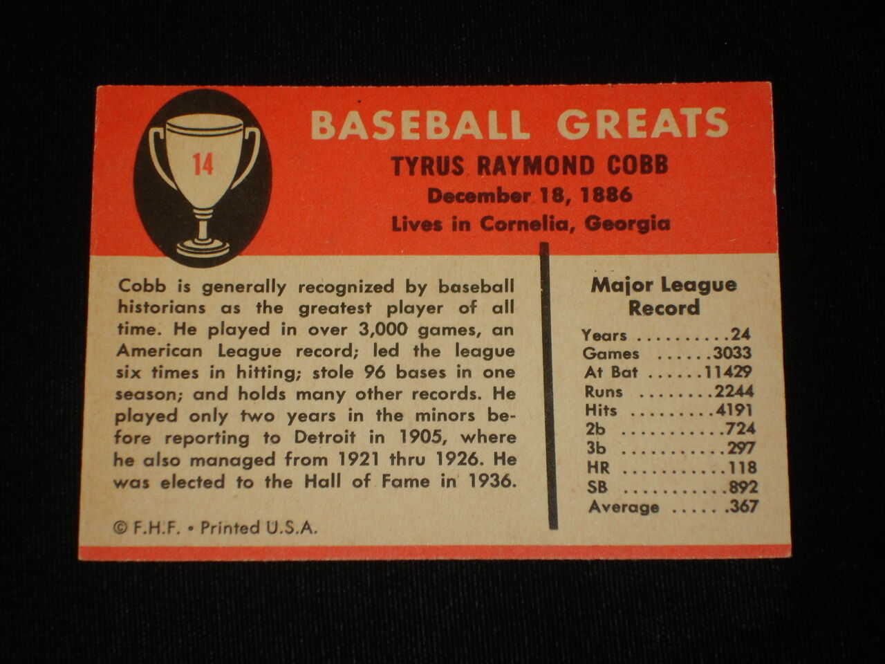 1961 Fleer Ty Cobb Baseball Card - #14 - Detroit Tigers - VG/EX