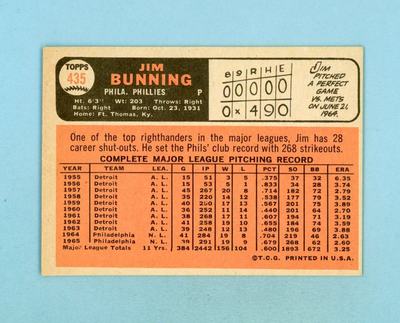 1966 Topps #435 Jim Bunning Philadelphia Phillies Baseball Card Ex/Mt