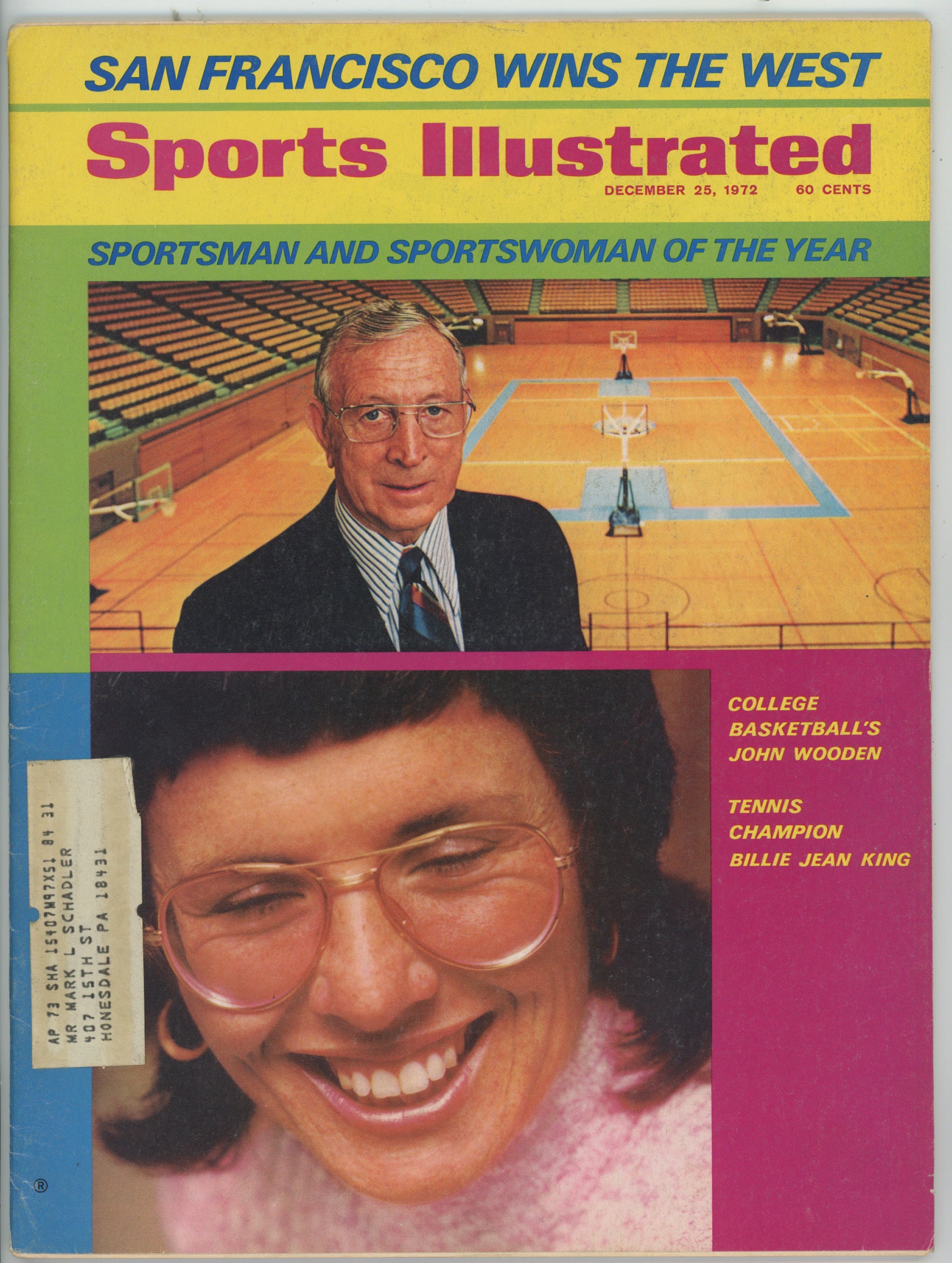 John Wooden & Bille Jean King "Sportsman and Sportswoman of the Year" 12/25/72 Sports Illustrated ML