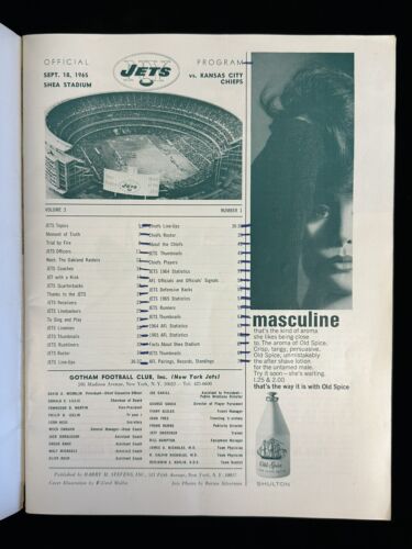 Sept. 18, 1965 NY Jets AFL Football Program Joe Namath 1st Game & 1st TD Pass