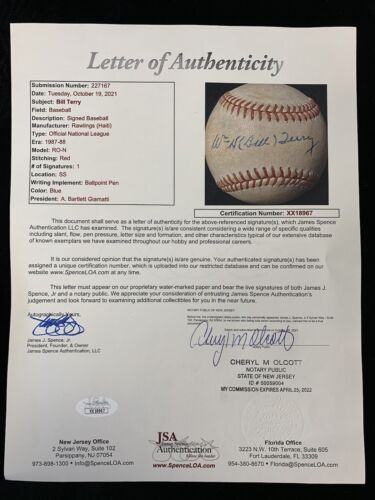 Wm H Bill Terry New York Giants SIGNED Official NL Giamatti Baseball JSA LOA