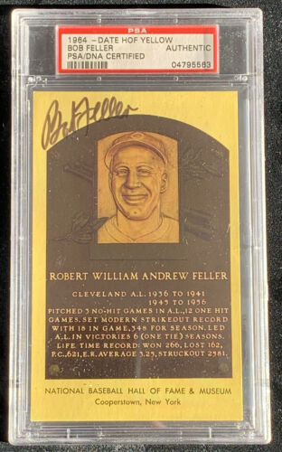 Bob Feller Cleveland Indians SIGNED Yellow Hall of Fame Plaque Postcard PSA DNA