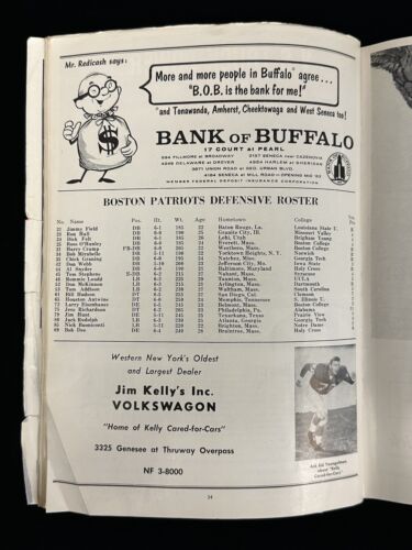 August 24, 1963 Buffalo Bills AFL Football Program vs Boston Patriots - VG