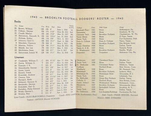 1943 Brooklyn Dodgers NFL Football Press & Radio Media Guide Book RARE!