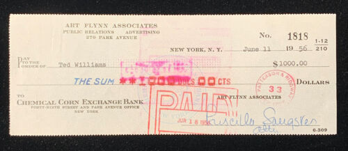 1956 Art Flynn Public Relations Check Payable to Ted Williams