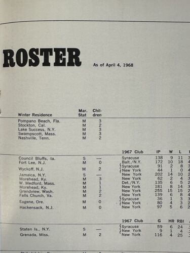 1968 New York Yankees Official Baseball Yearbook Roster of April 4 EX loose page