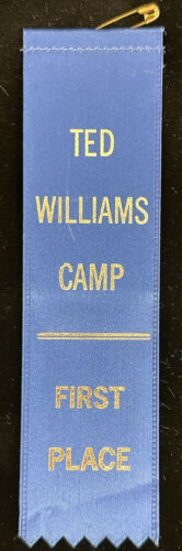 1958-1986 Ted Williams Camp First Place 1.5 x6” Blue Award Ribbon w/ Pinback