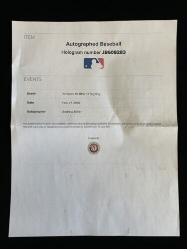 Andrew Miller Yankees / Orioles SIGNED MLB Players Choice Baseball w/ MLB holog.