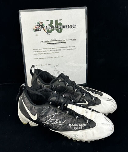 2009 Jim Leonhard New York Jets DUAL SIGNED Game Used NFL Nike Cleats w/ LOA