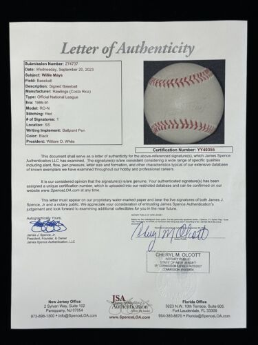 Willie Mays NY / San Francisco Giants HOFer SIGNED Official NL Baseball JSA LOA