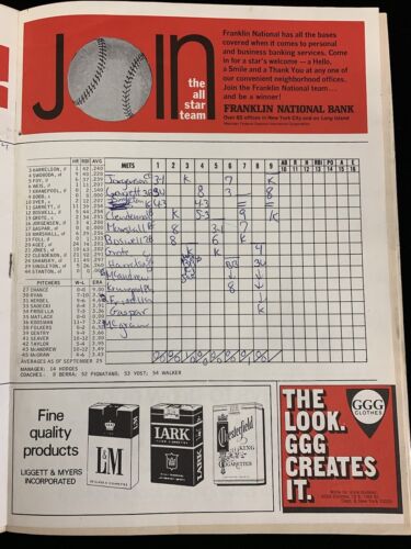 10-1-70 Baseball Program Chicago Cubs at New York Mets Scored Jenkins 22nd Win