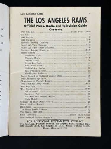 1950 Los Angeles Rams NFL Football Press Radio & TV Media Guide