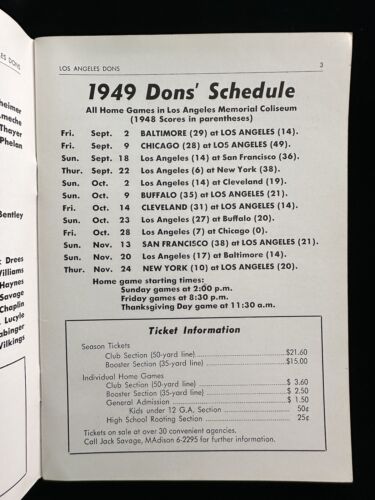 Original 1949 Los Angeles Dons AAFC Press Radio & TV Media Guide - RARE!