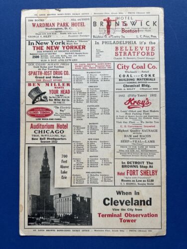 1932 St. Louis Browns Baseball Program vs Yankees w/ Babe Ruth & Lou Gehrig