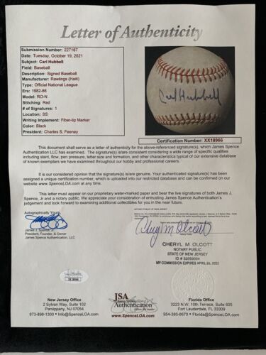 Carl Hubbell New York Giants SIGNED Official NL Feeney Baseball JSA LOA