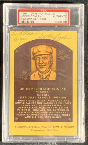 Jocko Conlan NL Umpire SIGNED Yellow Hall of Fame Plaque Postcard PSA DNA