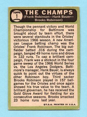 1967 Topps #1 The Champs F.Robinson H.Bauer B.Robinson Baseball Card TRIMMED