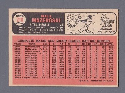 1966 Topps #210 Bill Mazeroski Pittsburgh Pirates Baseball Card NM 