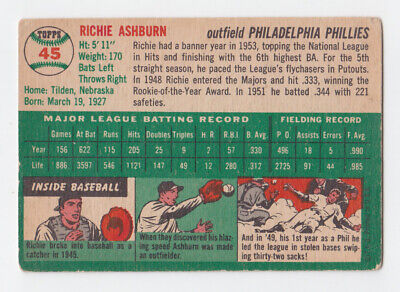 1954 Topps #45 Richie Ashburn Philadelphia Phillies Baseball Card VG