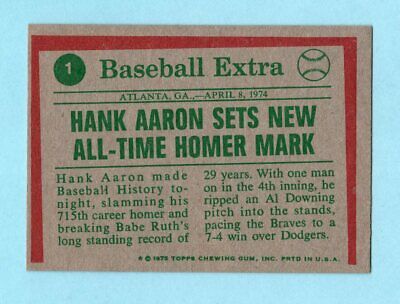 1975 Topps #1 Hank Aaron '74 Highlights Atlanta Braves Baseball Card EX- EX+  