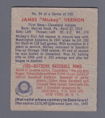 1949 Bowman #94 Mickey Vernon Cleveland Indians Rookie Baseball Card Low Grade 