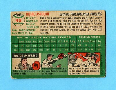 1954 Topps #45 Richie Ashburn Philadelphia Phillies Baseball Card VG lgt wrks