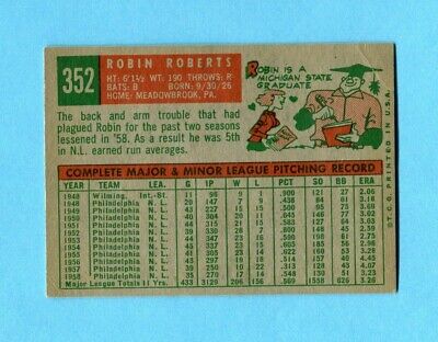 1959 Topps #352 Robin Roberts Philadelphia Phillies Baseball Card Ex/Mt ap cres