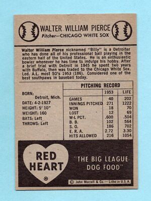 1954 Red Heart Billy Pierce Chicago White Sox Baseball Card Ex/Mt       