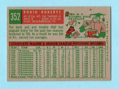 1959 Topps #352 Robin Roberts Philadelphia Phillies Baseball Card Ex/Mt mk rsb