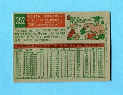 1959 Topps #352 Robin Roberts Philadelphia Phillies Baseball Card Ex/Mt o/c