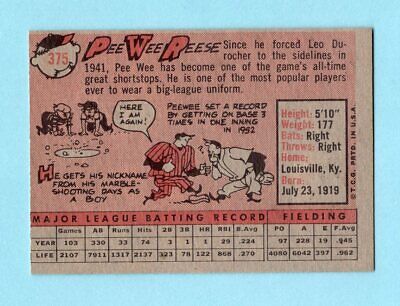 1958 Topps #375 Pee Wee Reese Los Angeles Dodgers Baseball Card NM o/c