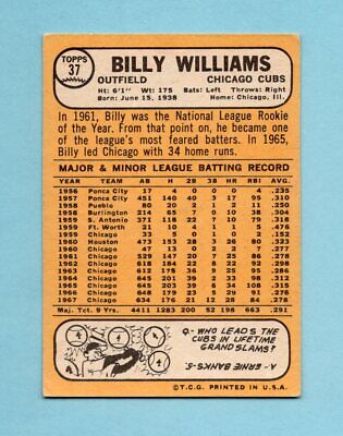 1968 Topps #37 Billy Williams Chicago Cubs Baseball Card EX wrk