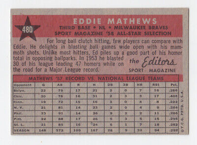 1958 Topps #480 Eddie Mathews All-Star Milwaukee Braves Baseball Card NM o/c