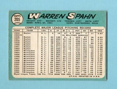 1965 Topps #205 Warren Spahn New York Mets Baseball Card EX  