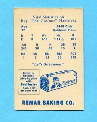 1949 Remar Bread Ray Hamrick Oakland Oaks Baseball Card EX