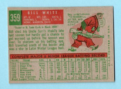 1959 Topps #359 Bill White San Fran Giants Rookie Baseball Card Ex/Mt o/c pt ln