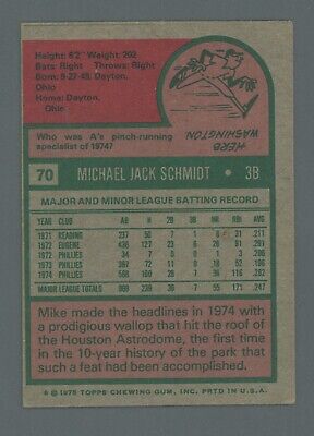 1975 Topps #70 Mike Schmidt Philadelphia Phillies Baseball Card Vg/Ex