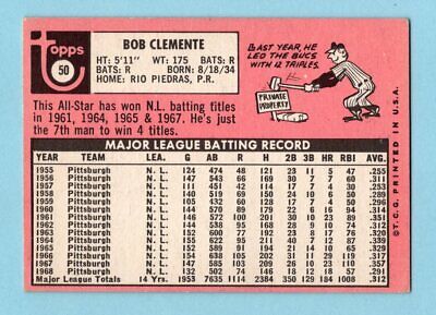 1969 Topps #50 Roberto Clemente Pittsburgh Pirates Baseball Card EX ap wrk sm   