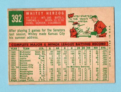 1959 Topps #392 Whitey Herzog Kansas City Athletics Baseball Card EX+