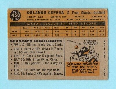 1960 Topps #450 Orlando Cepeda San Francisco Giants Baseball Card V/E ap wrs    