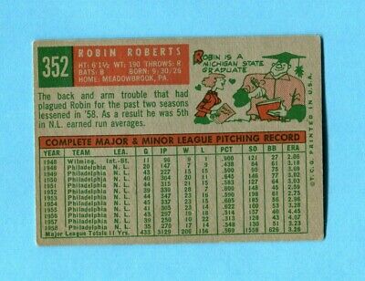 1959 Topps #352 Robin Roberts Philadelphia Phillies Baseball Card Vg/Ex wrks