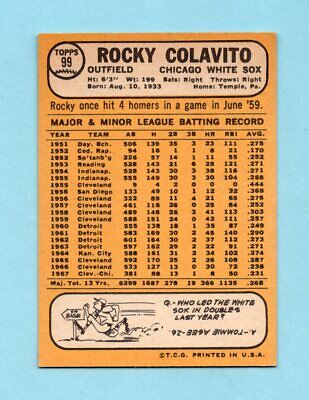 1968 Topps #99 Rocky Colavito Chicago White Sox Baseball Card NM 