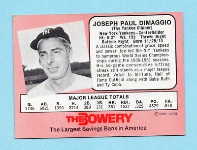 1972 Bowery Bank Joe DiMaggio New York Yankees Baseball Card EX+ ap cres