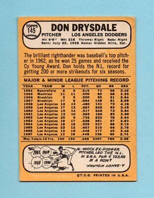 1968 Topps #145 Don Drysdale Los Angeles Dodgers Baseball Card EX