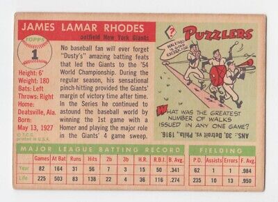 1955 Topps #1 Dusty Rhodes New York Giants Baseball Card Vg/Ex cres bk