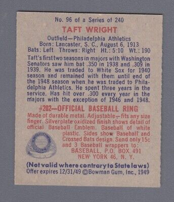 1949 Bowman #96 Taft Wright Philadelphia Athletics Baseball Card NM o/c