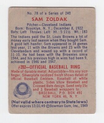 1949 Bowman #78 Sam Zoldak Cleveland Indians Baseball Card VG ap lcls  