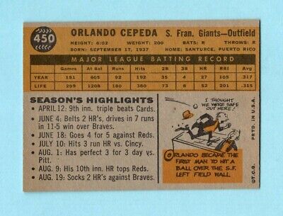 1960 Topps #450 Orlando Cepeda San Francisco Giants Baseball Card NM ds pi      