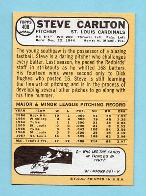 1968 Topps #408 Steve Carlton St. Louis Cardinals Baseball Card Ex/Mt o/c